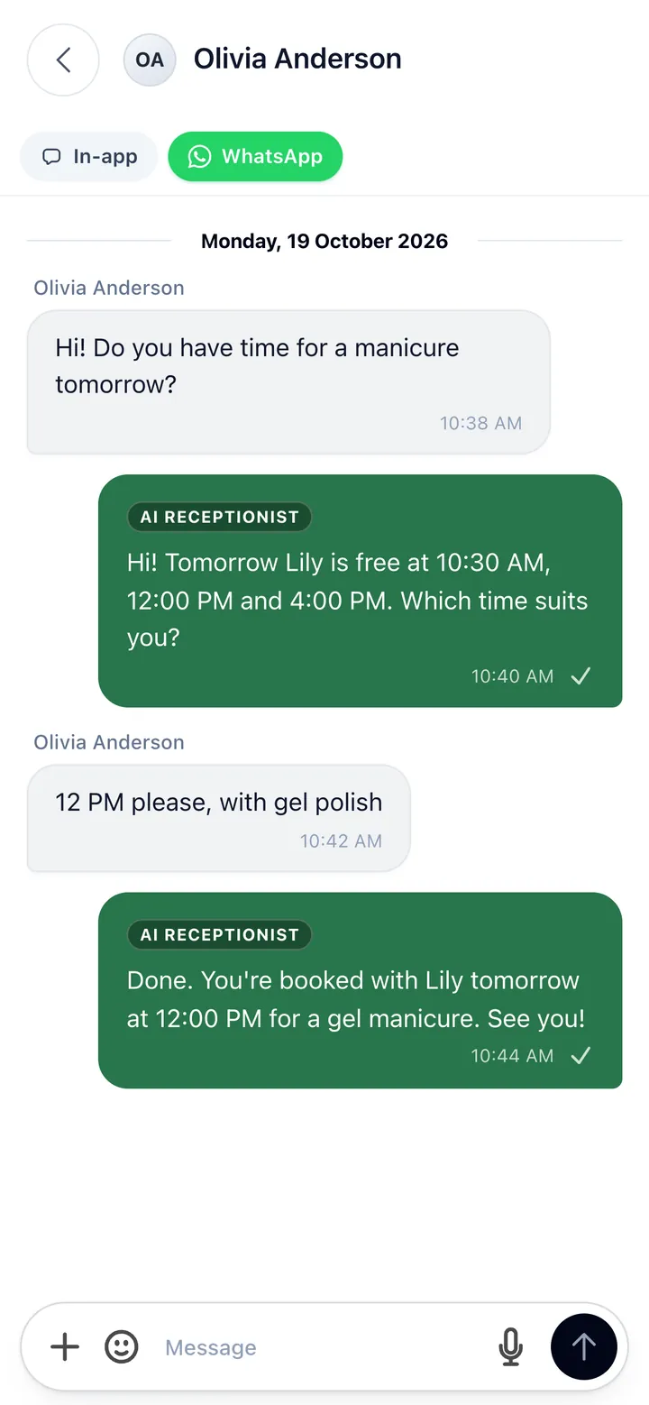 WhatsApp chat where the AI receptionist books a manicure