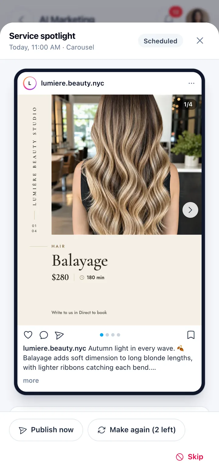 A scheduled Instagram carousel for a balayage service