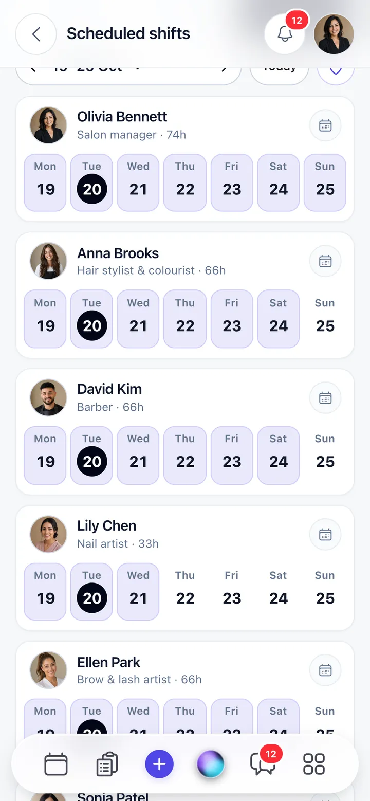 Scheduled shifts for the team this week